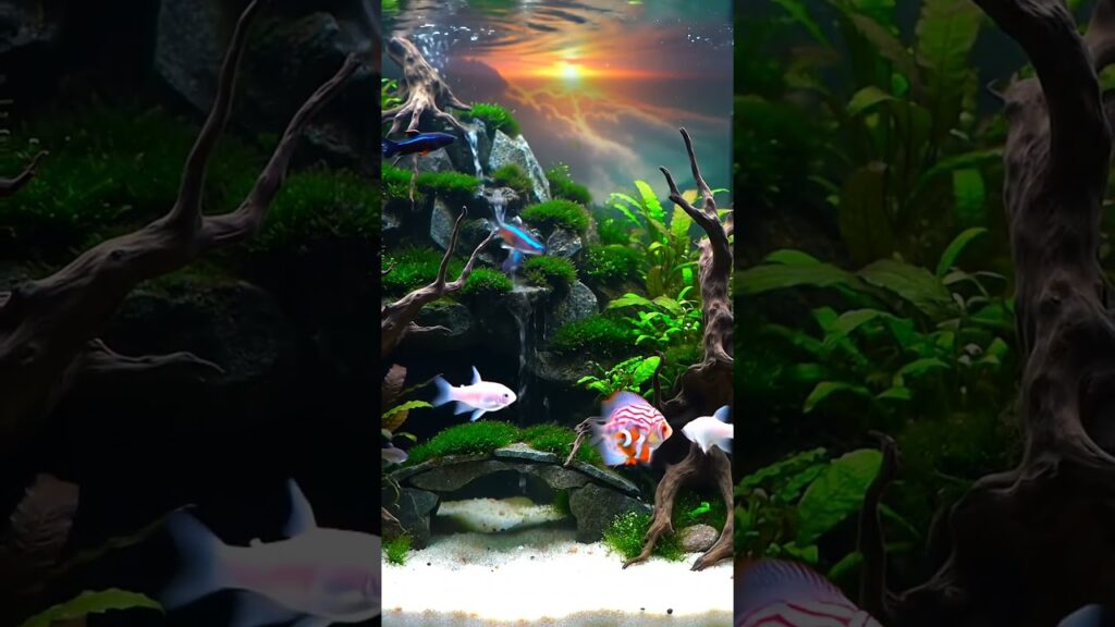 Aesthetic-Aquarium-with-Cute-Fish-and-Flowing-Waterfall-