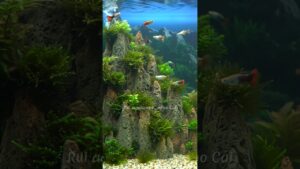 Simple-mini-aquascape-with-mountain-and-waterfall-theme-decorated-with-red-guffy-fish