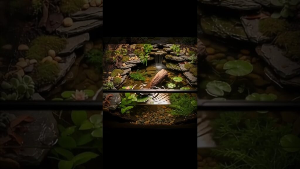Relaxing-Turtle-Swimming-in-Mini-Waterfall-Tank-Soothing-Water-Sounds
